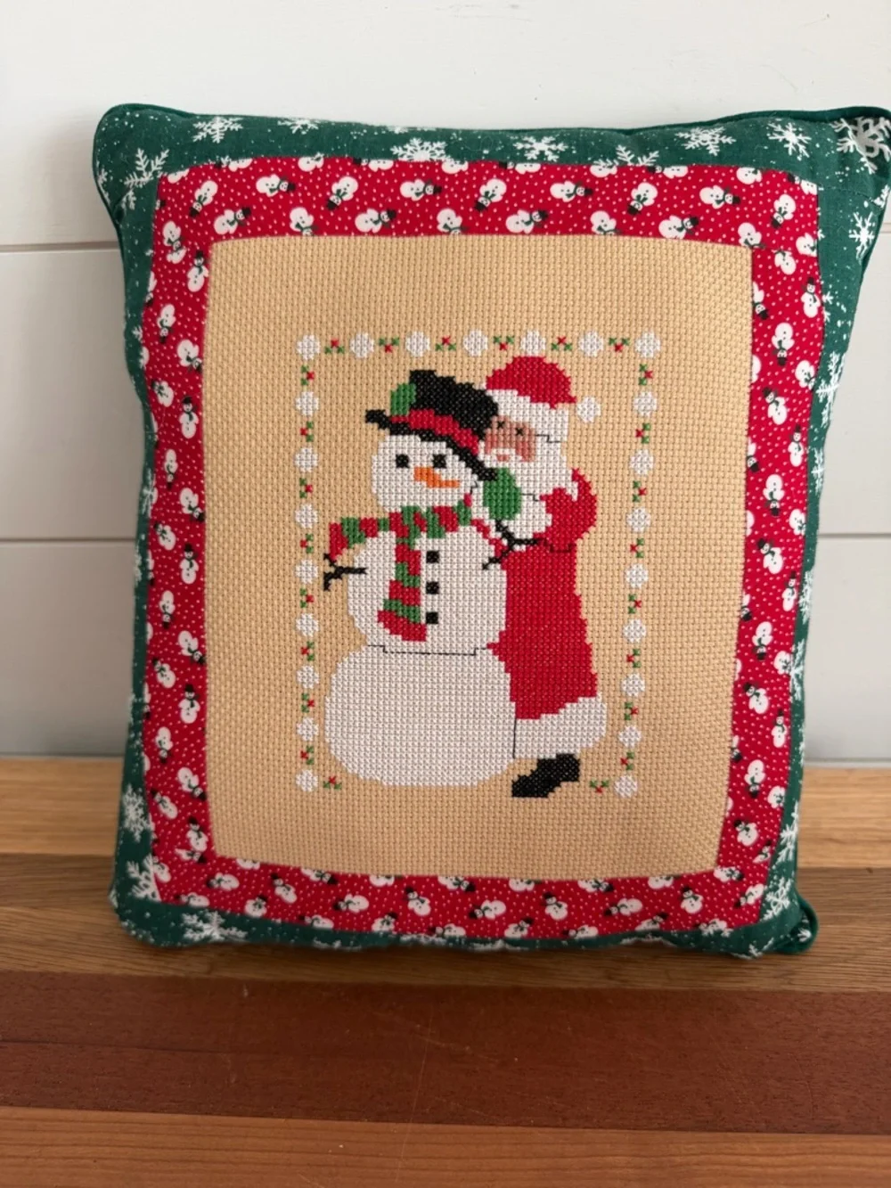 Handmade Cross Stitch Santa and Snowman Pillow